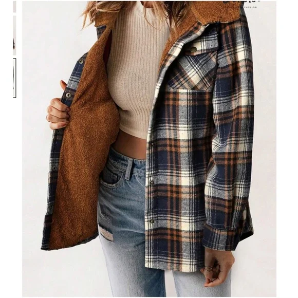Cozy Plaid Print Teddy Lined Button Jacket Shacket - Picture 10 of 11